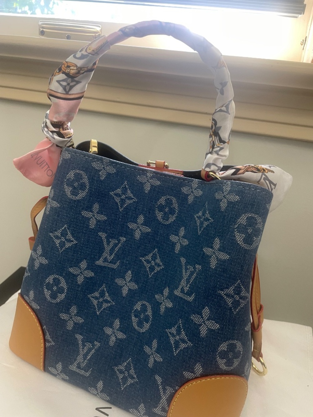 Monogram Denim Bucket Handbag Ribbon Handle - Picture 3 of 5